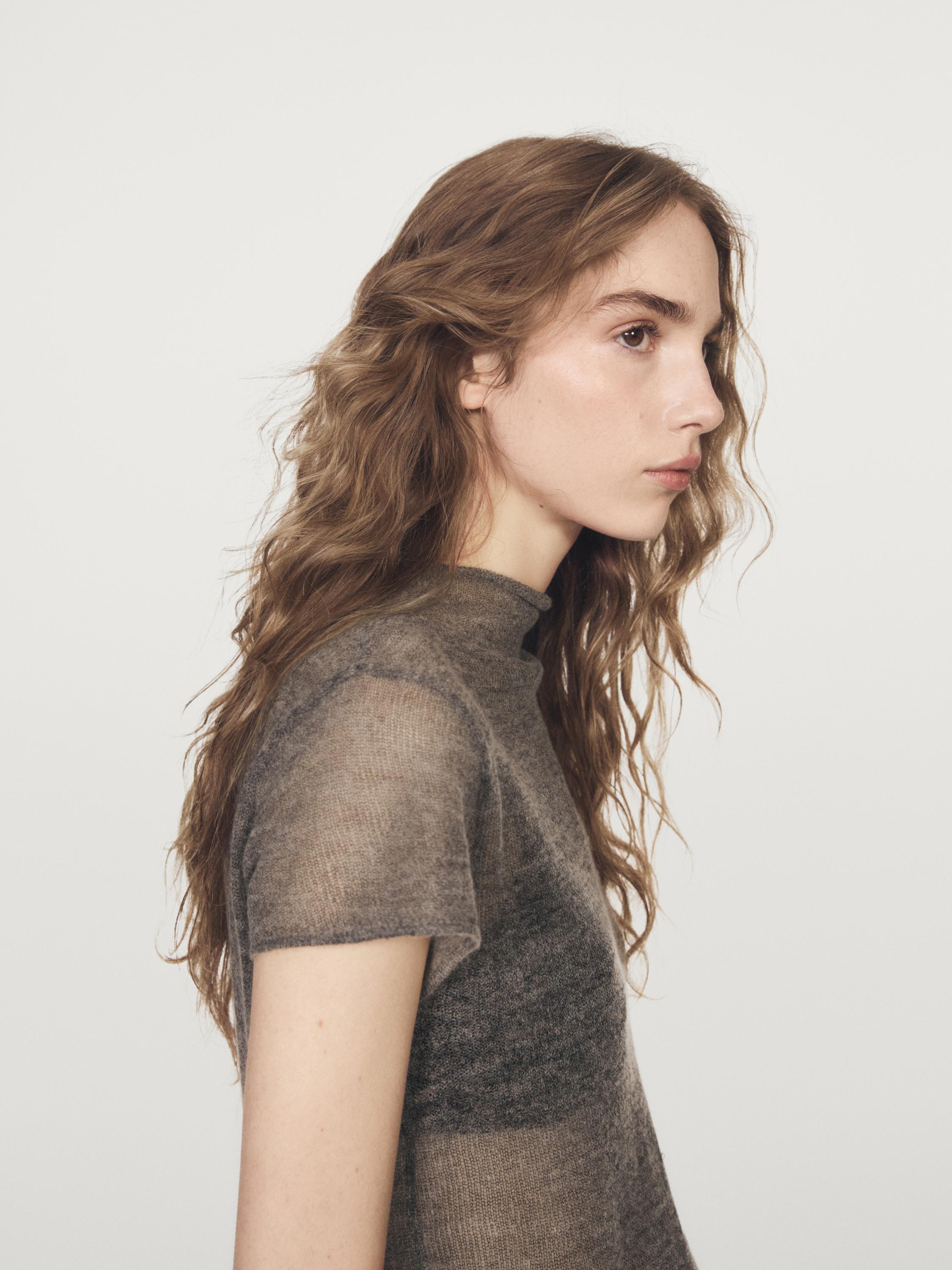 T-shirt en maille ajourée de laine mélangée